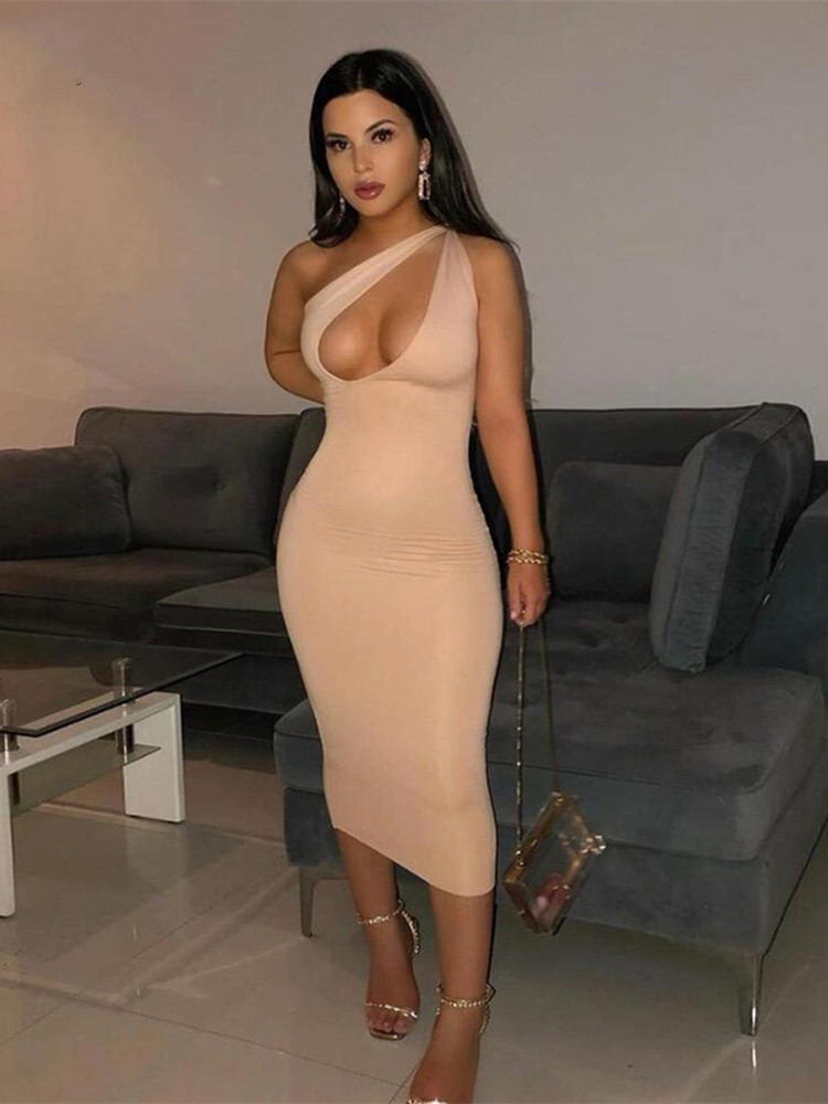 Kliou Cut Out Sexy Midnight Clubwear Maxi Dresses Solid One Shoulder Birthday Outfit For Women Slim Bodycon Party Dress 220510