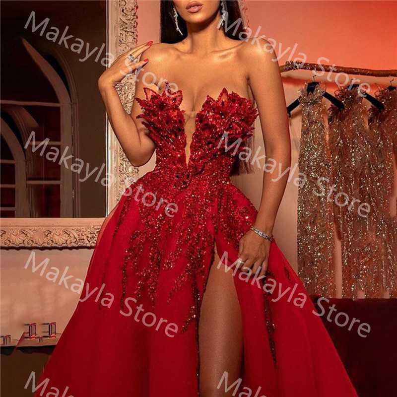 Party Dresses Red Elegant Long Prom Dress 2022 Luxury Strapless Sleeveless Sequin Shiny Split Tulle Ball Gown Women Formal Evening GownsPart