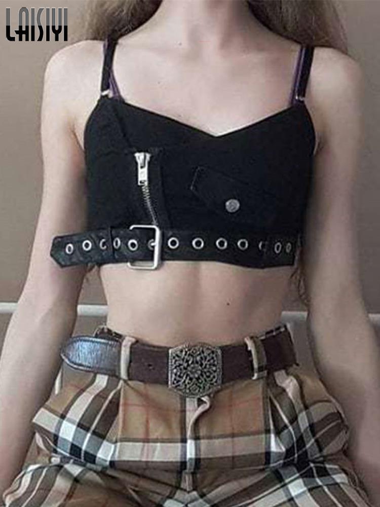 Sexy Straps Tank Top Women Gothic PU Red Plaid Streetwear Sashes Belt Zipper Punk Girl Summer Casual Crop Tops Camis 220325