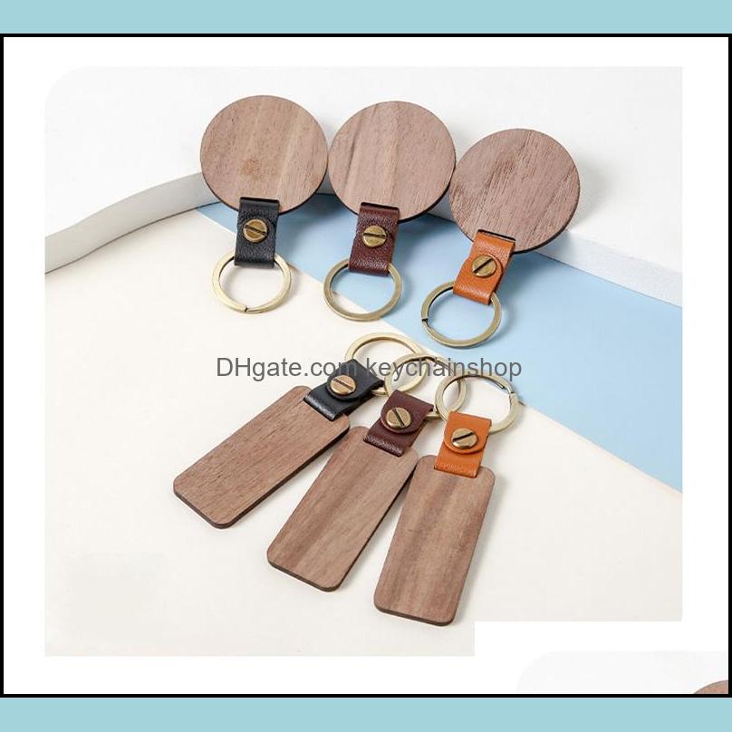 Keychains Fashion Accessories Blank Leather And Wood Keychain Rectange Round Wooden Key Ring For Personalized Engraving Carving Lage Decorat