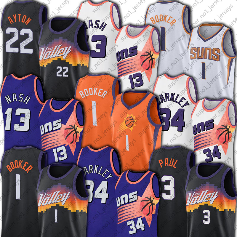 Devin Booker Chris Paul 1 Basketball Jersey 2022 Phoenixs Sun DeAndre Ayton Steve Nash Charles Barkley Jerseys 22 13 City Mens Retro Shirt Black