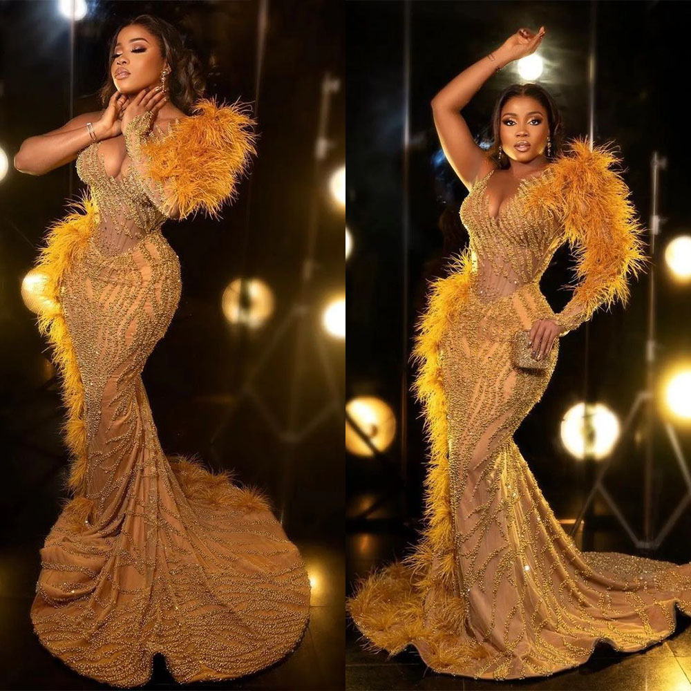 Yellow Mermaid Prom Dresses Princess Lace Appliques Sequins One Long Sleeve Puff Tulle Lace Feather One Shoulder Floor Length Party Gowns Plus Size Cu