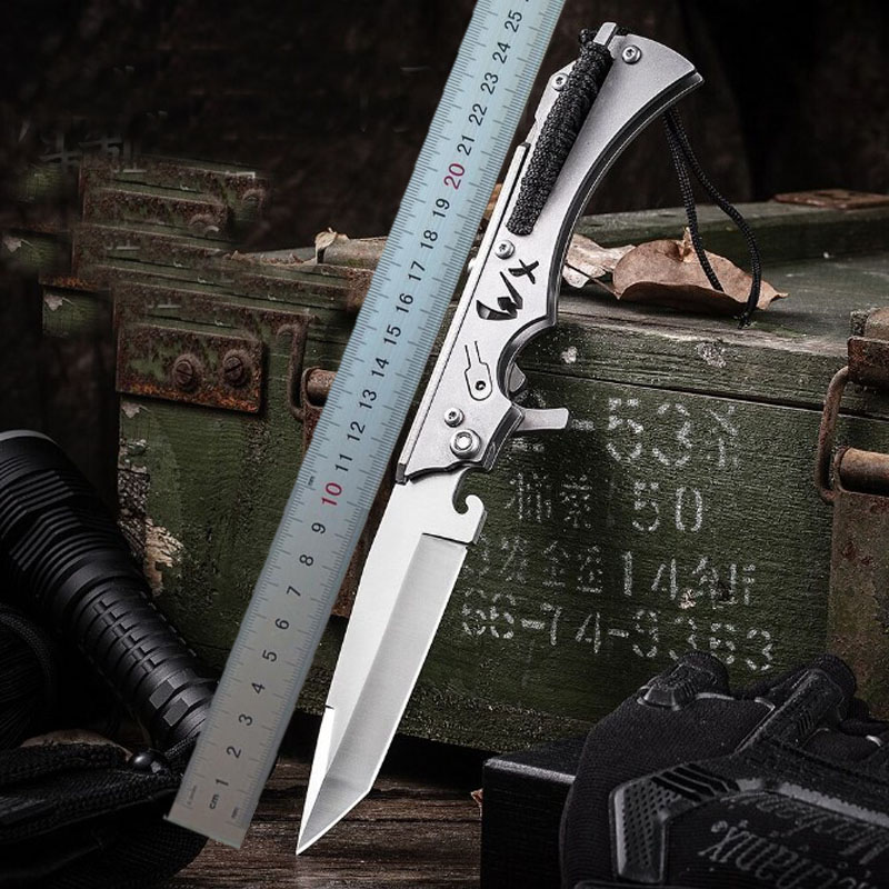Top quality WX New Design Tactical Folding Knife 9Cr13Mov Titanium Coated Tanto Point Blade Stainless Steel Handle Knives With Nylon Bag