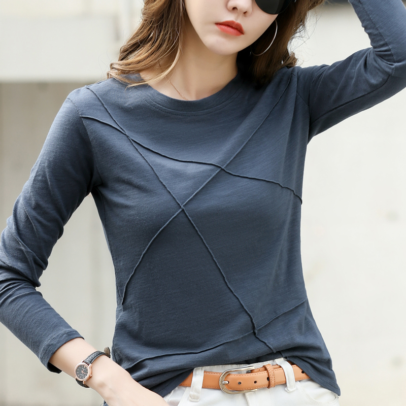 Ribbed Spring Fashion Bamboo Cotton T-Shirt Autumn Women O-Neck Loose Simple Purple Shirt Long Sleeve Lady Green Top 17279 220328