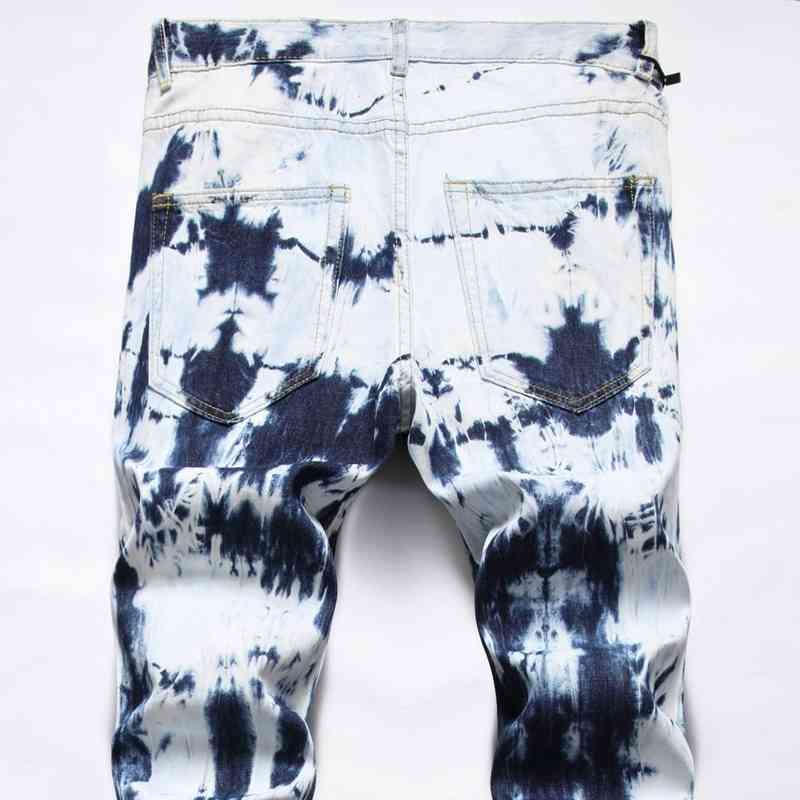 2022 Men's Blue Hole Hand Tie Drift Decorative Flower Color Splash Ink Patch Camouflage Cloth Small Straight-Leg Jeans G220415
