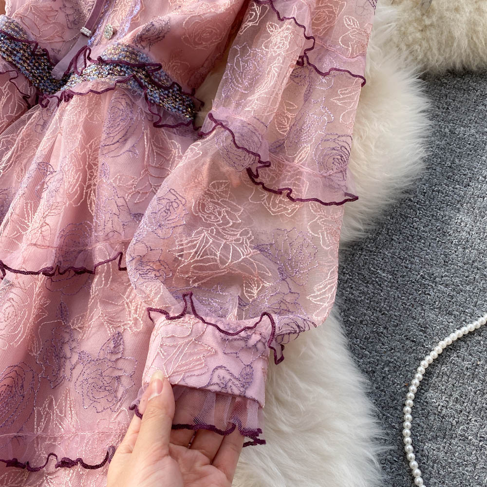 Floral French Style Long Dress Summer Women Zipper Beading Long Sleeves Embroidery Ladies A Line Slim