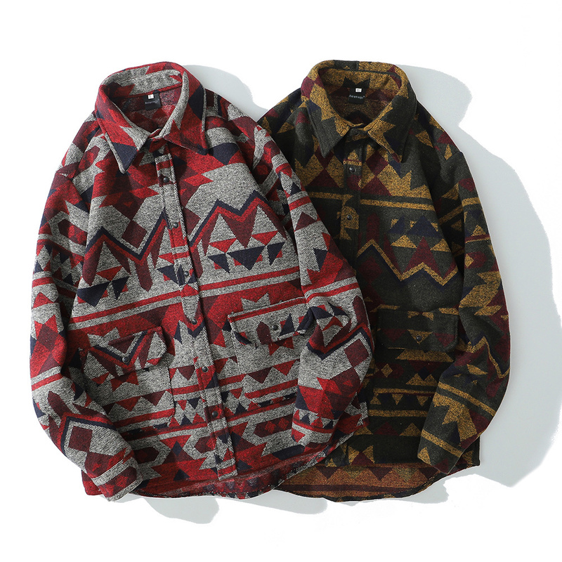 Aolamegs Patchwork Color Retro Geometric Pattern Men Shirt Thick Casual Baggy Big Pockets Harajuku High Street Autumn Streetwear 220322