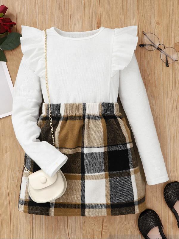Girls Ruffle Trim Top & Plaid Print Skirt SHE, Multicolor