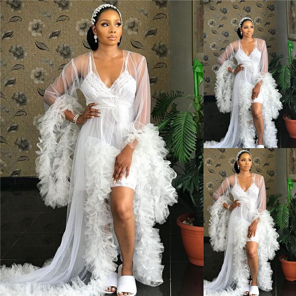 Illusion Sexy Women White Ivory Tulle Sleepwear Wedding Outfit Garment Bridal Bathrobe Sheer Nightgown Tiered Ruffles Long Robe