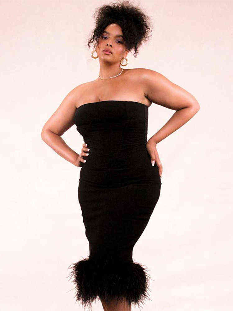 Woman Sleeveless Feather Tube Top Dress Solid Tight Sexy Fashion Elegant Wrap Dress Women 2022 Summer Party Club Midi Robe T220816