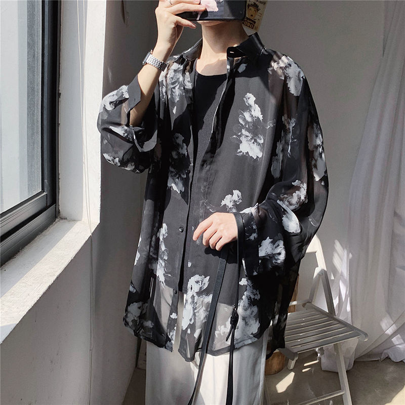 Men's Hawaiian Shirt Long Sleeve Sunscreen Clothes Floral Printing Loose Camisa Masculina Fashion s M-XL 220322