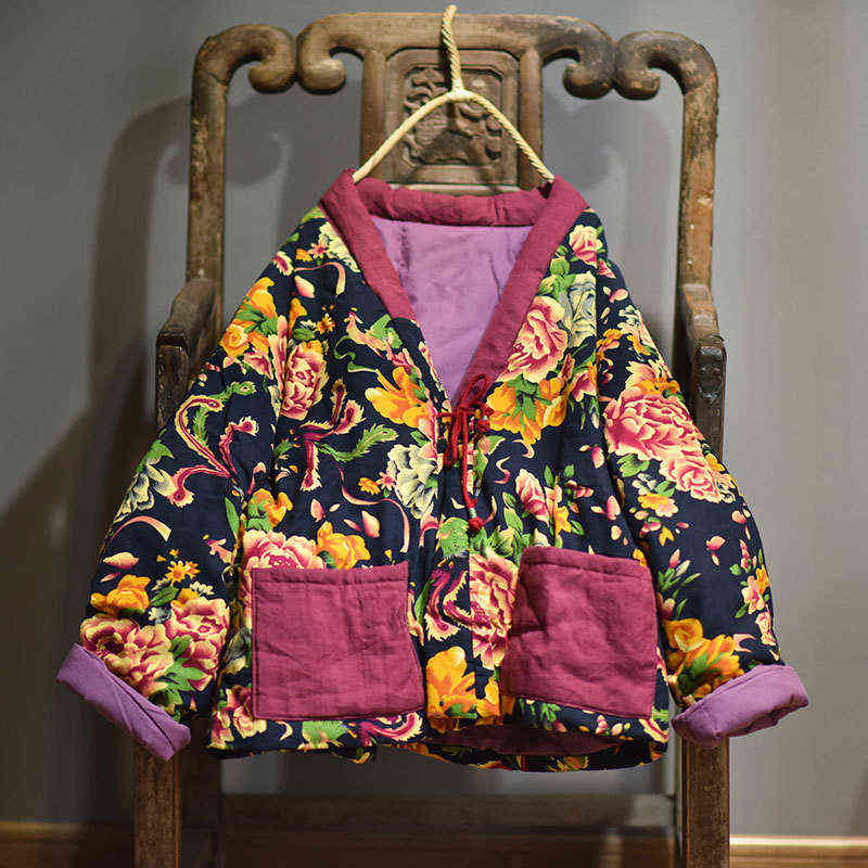 Winter Warm Kimono Woman Thicker Chinese Style Baggy Outerwear Vintage Cotton Linen Padded Jackets Loose Printing Overcoat L220725