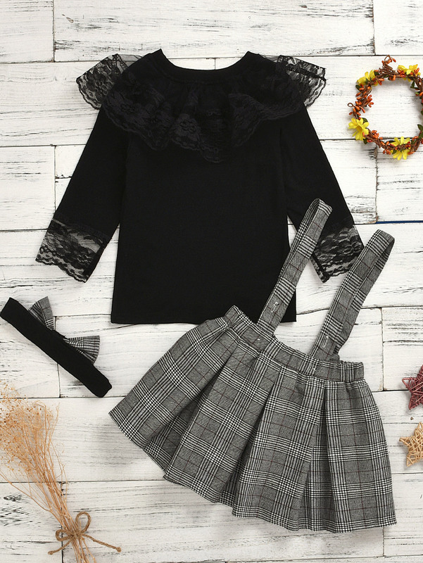 Toddler Girls Lace Panel Tee & Plaid Skirt & Headband SHE