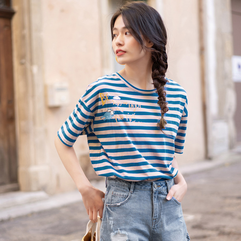 INMAN Summer Womens Tshirt Short Sleeve Woman Clothes Versatile Stripe Printing Top Women Round Collar Fashion Woman Blouse 220527