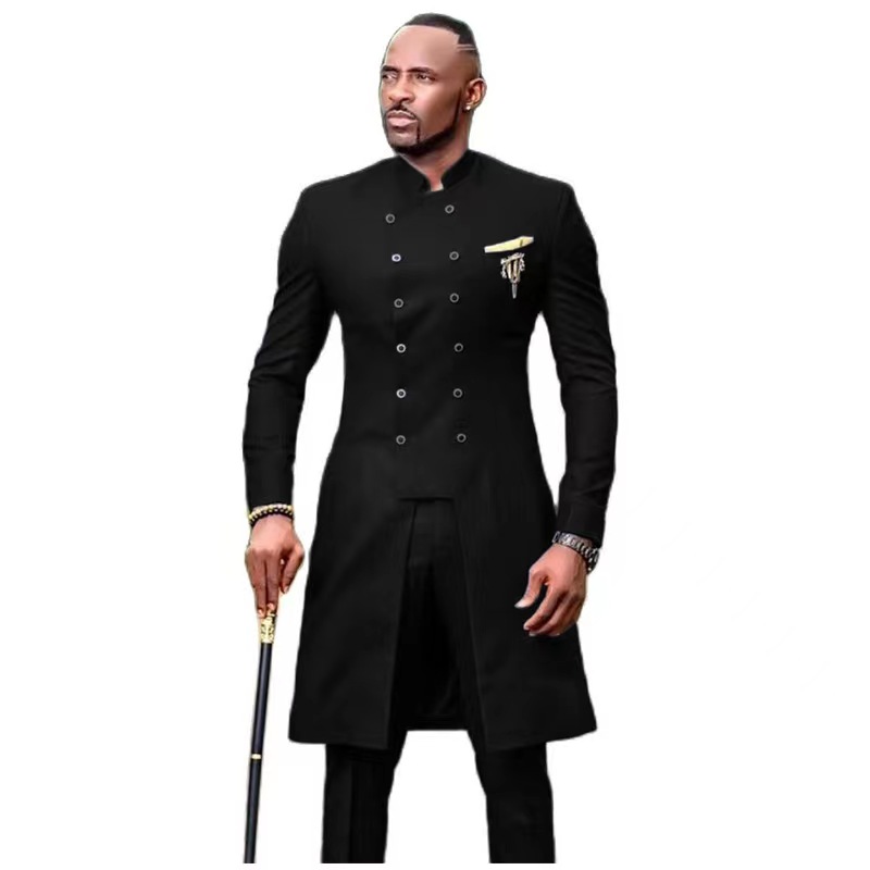 African Slim Fit Mens Suits Stand Collar 2 Pieces Wedding Tuxedos Long Jacket And Pants Middle East Arabic White Royal Blue Groom Formal Wear Prom Par