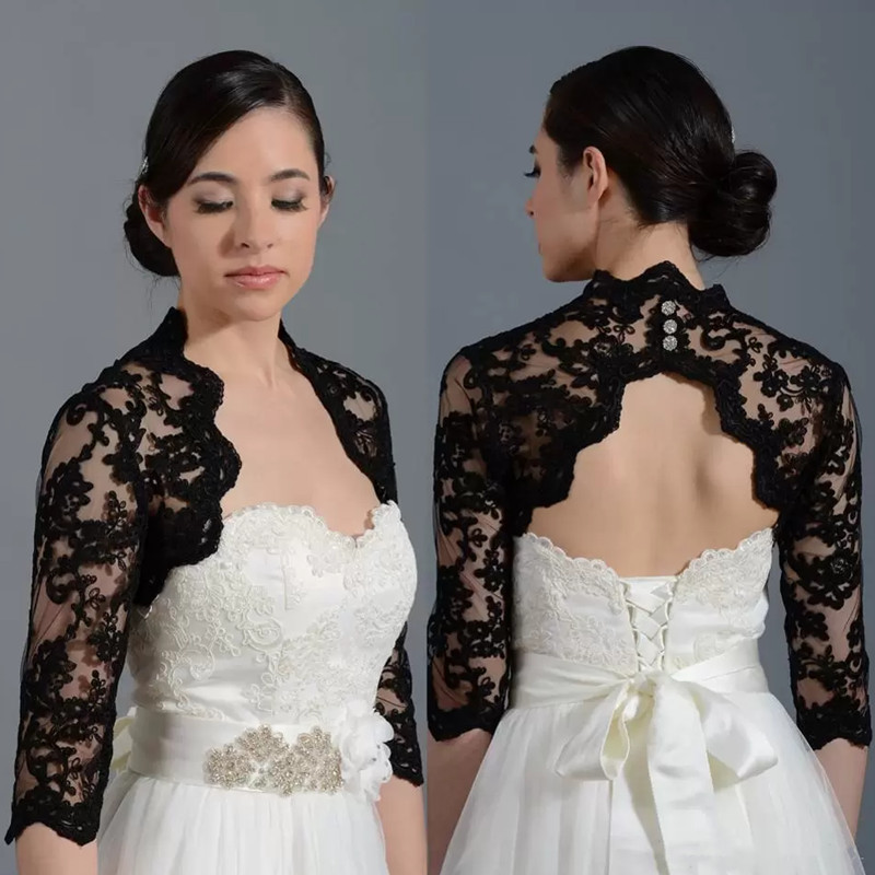 Vintage Black Lace Wedding Bridal Bolero Jacket Cap Wrap Shrug Custom Satin Half Sleeve Front Open Jackets for Wedding Dress