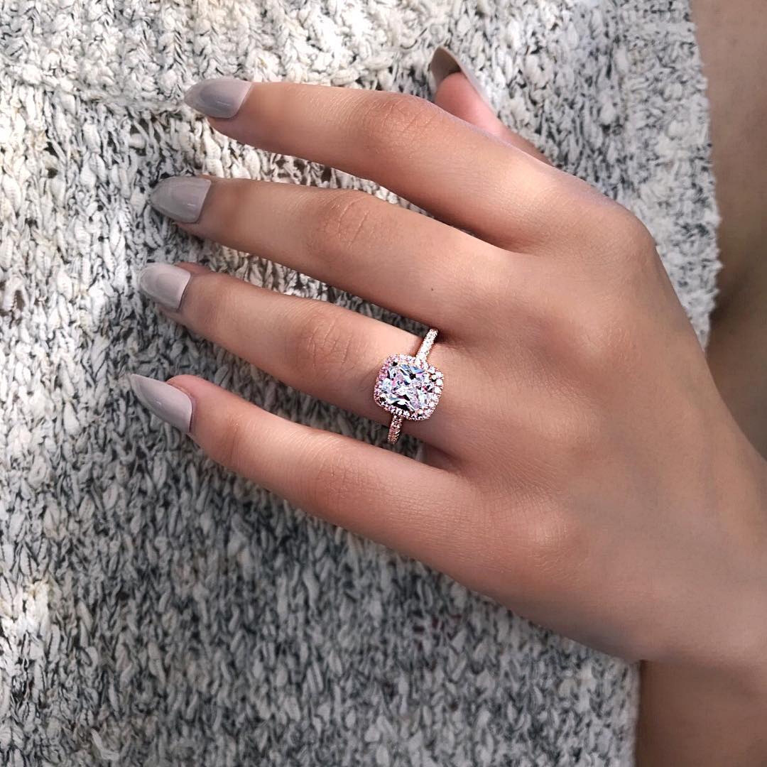 Sterg Sier Pink Cubic Zirconia Cushion Engagement Ring for Women Wedding Band