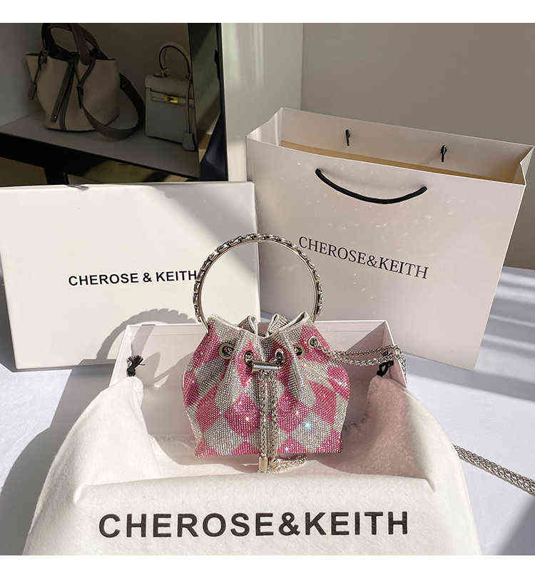 Luxury Designer Checkerboard Diamond Rhinestone Bling Clutch Purse Evening Bag Women Chain Bucket Handbag Shoulder Crossbody Bag Y220513