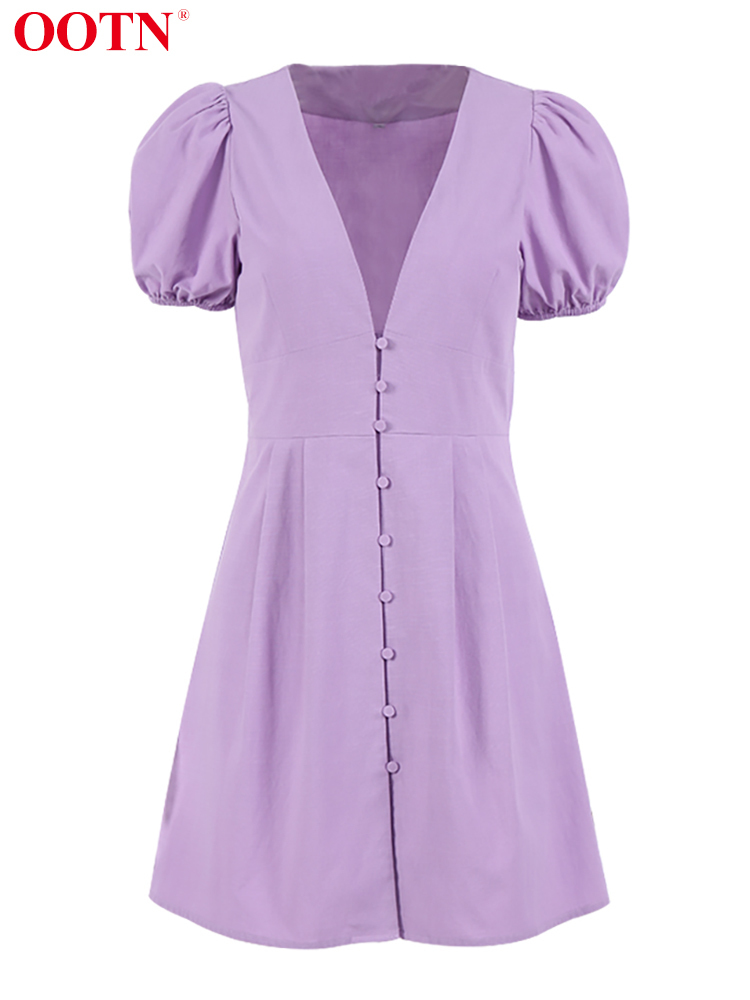 OOTN Sexy Deep V-Neck Short Summer Dresses Single Breasted Puff Sleeve Dress Female Fashion High Waist Vestido Streetwear 220511