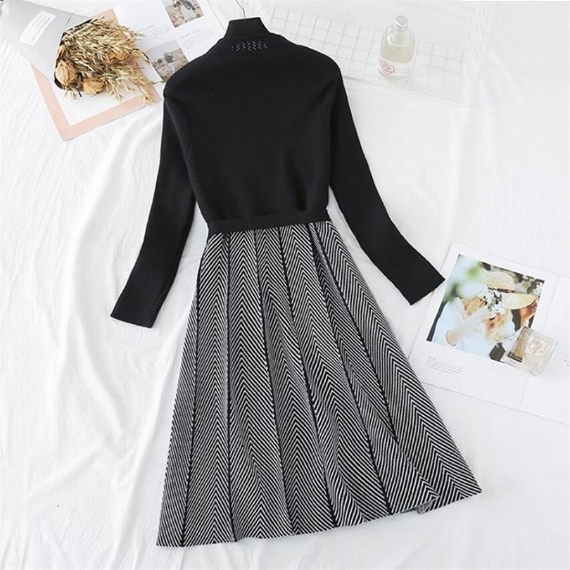 Autumn Winter Women Knitted Dress New Korean Long Sleeve Half turtleneck A Line Sweater Dress Elegant Ladies Bandage Dress 201008