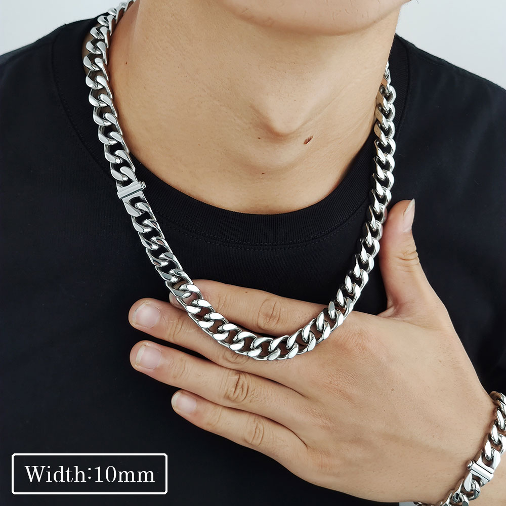 Hip Hop Cuban Link Chain Necklace Bracelet Set Heavy 18K Real Gold Plated Stainless Steel Metal Necklace for Men