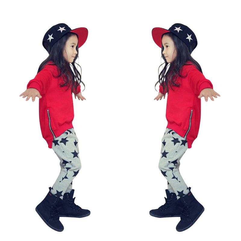 

Clothing Sets Fashion Tracksuit Set Spring Autumn Toddler Cute Solid Splicing O-Collar Long Sleeve Red Tops Star Pants For KidClothing, 90