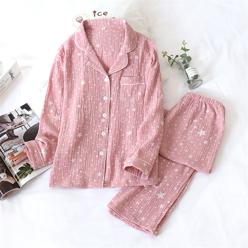 Women's Nightwear Twopiece Star Pattern Crepe Suit Cotton Lapel Longsleeved Trousers Casual Home Wear Women's Pajama Pants T200429