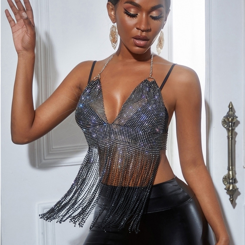 SRUBY Sexy Tassel Crop Top Halter Corset Women Summer Party Tank Clubwear Backless See Through 220316