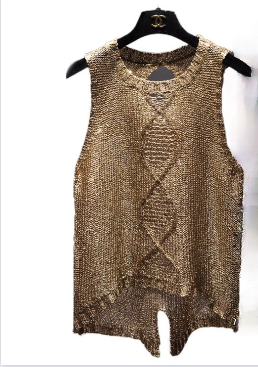 Summer sexy hollow out knitted camis women shiny bling sequined tanks tops sequins gold 220316