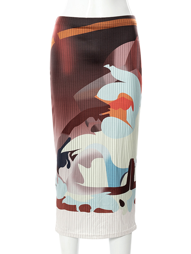 Sisterlinda Vintage Art Print Y2K SlimFit Long Skirt Women Casual Commuting Elegant Wild Mid Skirt Trend Party Activity Bottoms 220701