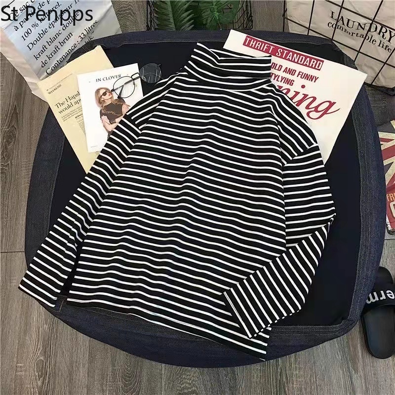 T shirt Long Sleeve Loose Striped Solid Turtleneck Womens All match Simple Leisure Korean Style Trendy Chic Soft 220714