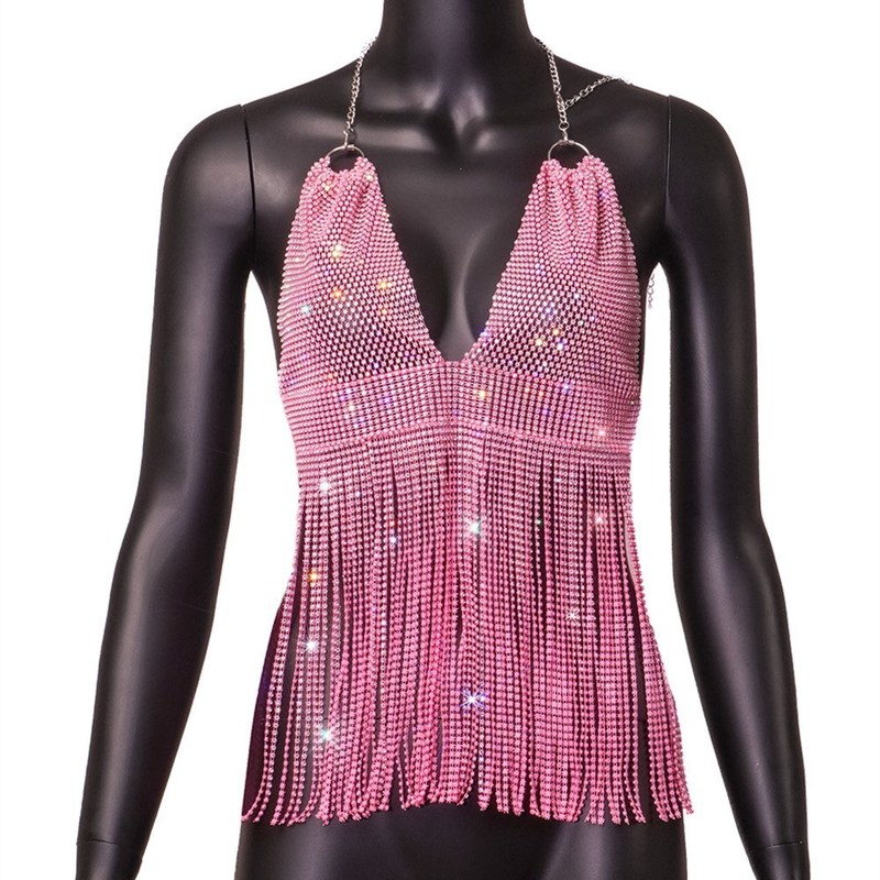 Sexy Backless Solid Camisole Sleeveless Deep V Neck Vest Glitter Tassel Hollow Out Mesh Nightclub Party Tops Female 220325