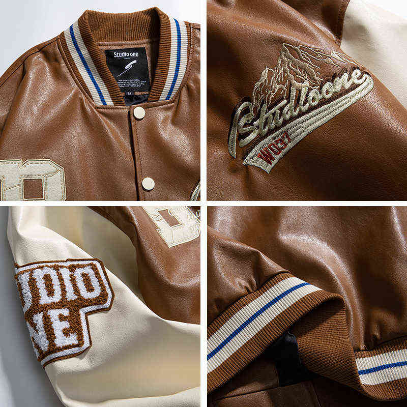 Varsity Leather Mens PU Baseball Jacket Men Women Vintage Embroidery Letter Patchwork College Coats Hip Hop Bomber Coat Unisex T2