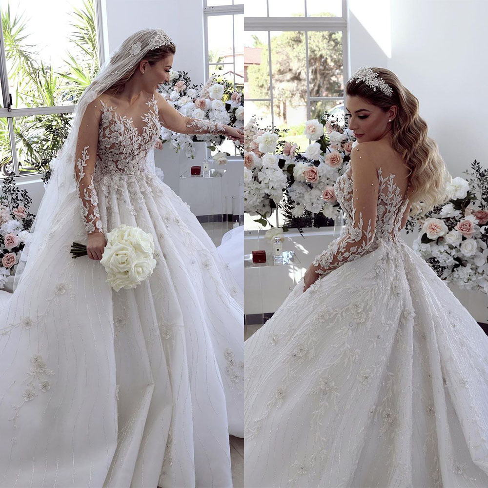 Luxury Lace Dubai A Line Wedding Dresses 3D Floral Flowers Bridal Gowns Plus Size Long Sleeve Beaded Crystal Vestidos De Novias