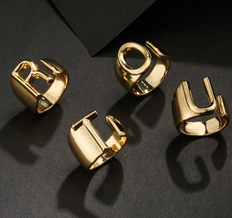 Hollow A-Z Letter Gold Color Metal Adjustable Opening Ring Initials Name Alphabet Female Party Chunky Wide Trendy Jewelry GC887