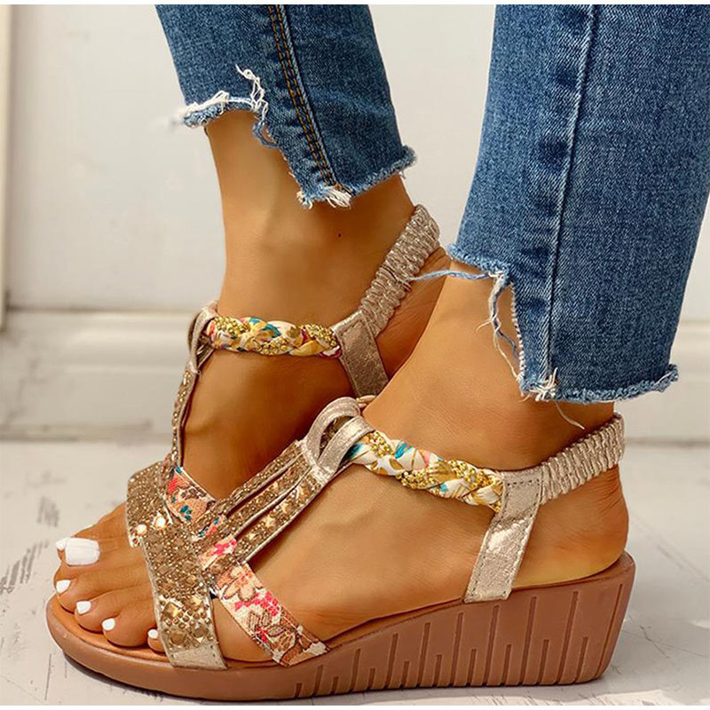 Women's Sandals Summer Bohemia Platform Wedges Shoes Crystal Gladiator Rome Woman Beach Shoes Casual Elastic Band Female 220418
