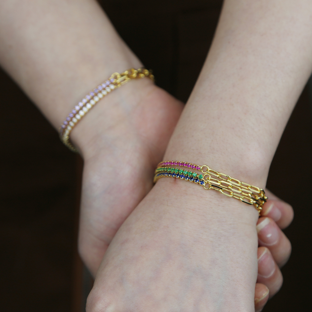 Rainbow CZ Tennis Bracelet for Women - Gold Paper Clip k Chain, Round Bezel Crystal Colorful Bracelets Jewelry
