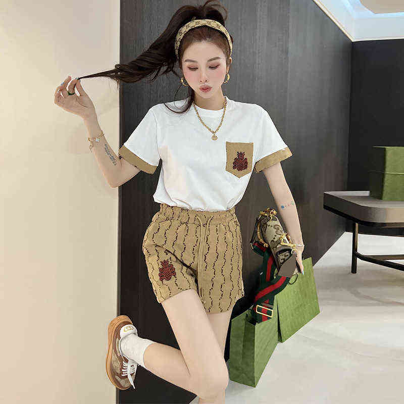 Women's Tracksuits Summer Women Double G Brand Fashion Casual Shorts Set White Letter T-shirt Slim Fit Denim Short Pants