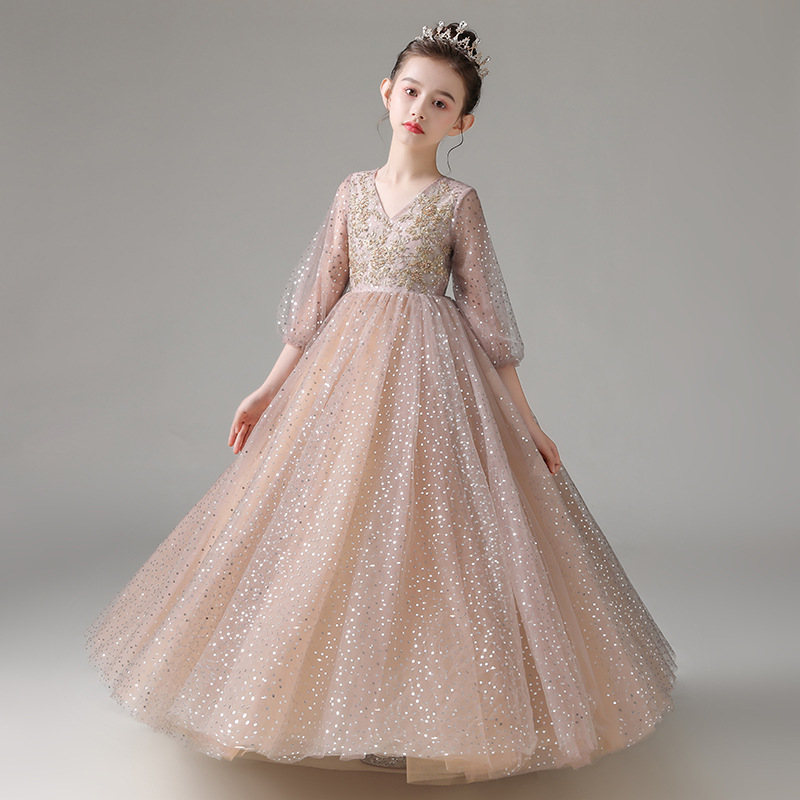 Cute Princess Lace Tulle Flower Girl Dresses For Country Garden Weddings Sheer Long Sleeves Appliques sequined Sash Back Girls Formal Birthday Pa