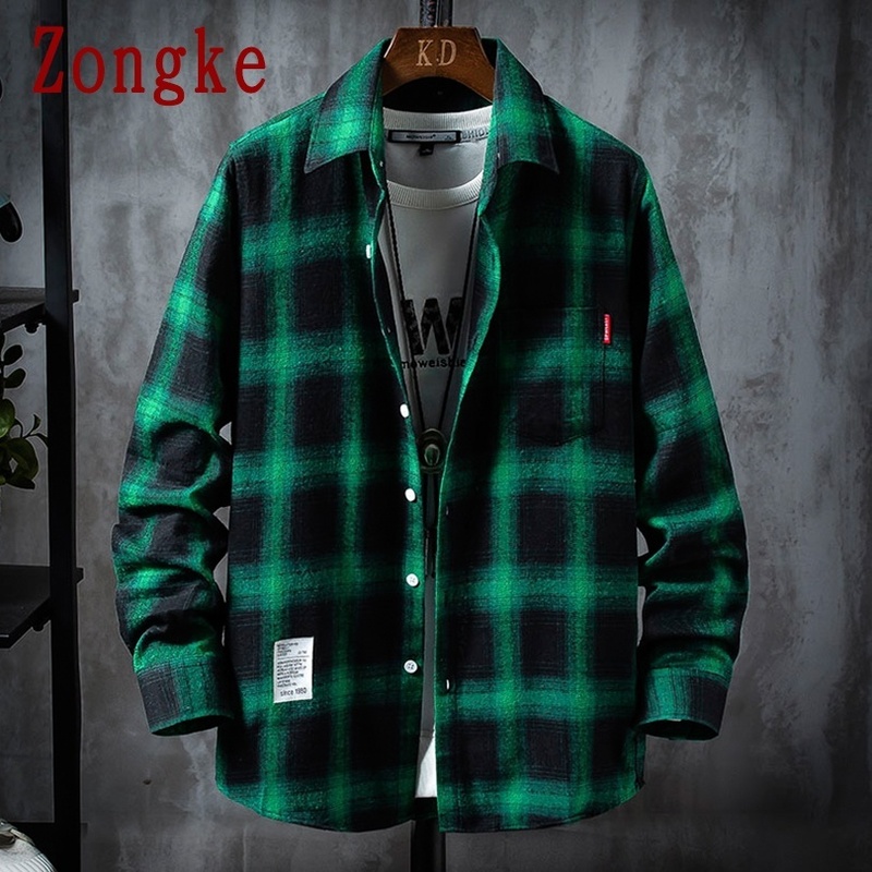 Zongke Casual Shirts For Men Clothing Fashion Long Sleeve Plaid Shirt Men Harajuku Checkered Men Shirt Long Sleeve M-3XL 220401