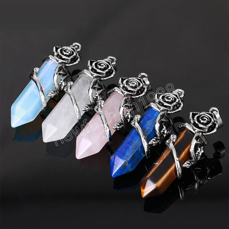 Hexagonal Crystal Necklace Natural Stone Pendant Necklaces Raw Crystals Amethysts Rose Flower Quartz Pendants Healing