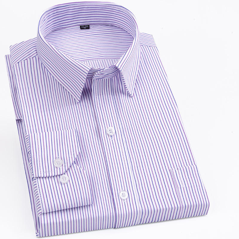 Anti-Wrinkle Men Work Shirts Regular Fit Long Sleeve Casual Dress Checkered Shirt Mens Purple Striped Clothing With Front Pocket 220322