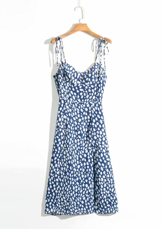 French Style Blue White Dot Print Adjust Spaghetti Strap Dress Retro Sexy Women Sling Slit Dresses Vestido 220511