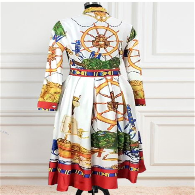Casual Dresses Fall Autumn 2022 Lapel Mid-Calf High Waist Dress Big Plus Size Geometric Printed Elegant Office Ladies Tunic Pleated Midi