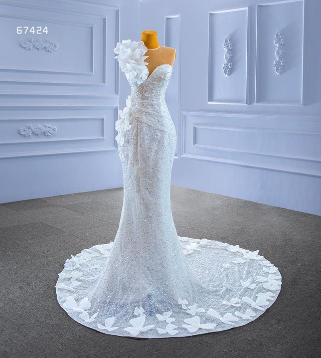 Mermaid Wedding Dress sheer neck lace-up corset Crystal Long Sequined Beaded Bridal Gowns Flower Appliqued Robe de mariee