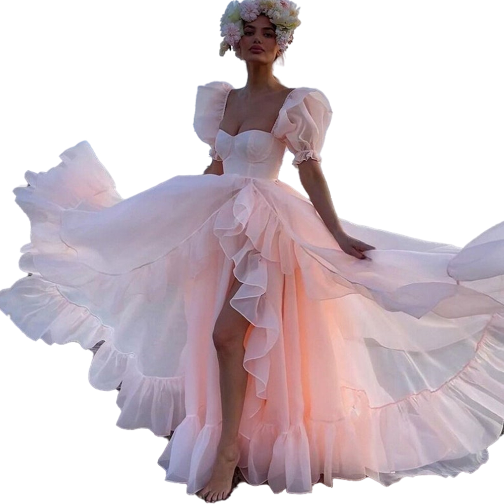 2022 Sexy Slit Blush Pink Prom Dresses For Women Sweetheart Short Sleeve Long Beach Formal Party Gowns A Line Ruffles Engagement Evening Dress