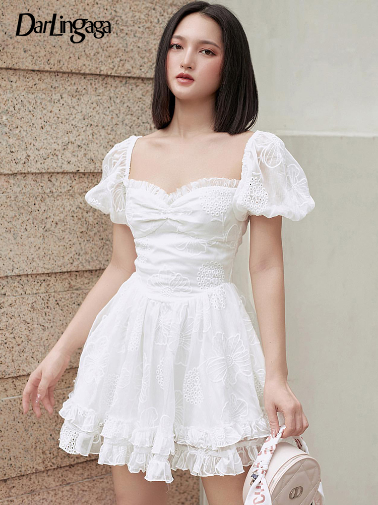 Fashion Chic White Jacquard Ruffles Summer Dress Female Hollow Stitching Sweet Korean Pleated Dress Corset Party Slim, White dress
Fashion Chic White Jacquard Ruffles Summer Dress Female Hollow Stitching Sweet Korean Pleated Dress Corset Party Slim, White dress