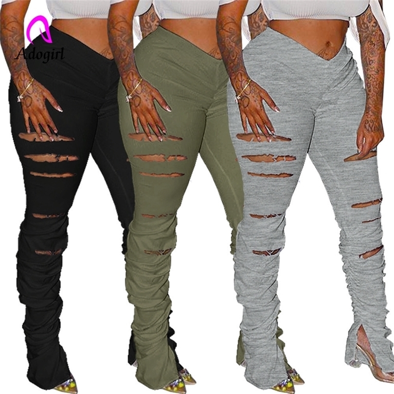 Distressed Women Flare Pants Joggers High Waist Pleated Trousers Stacked Sweatpants New Fitness Ruched Pants Hole Sport Leggings T200516