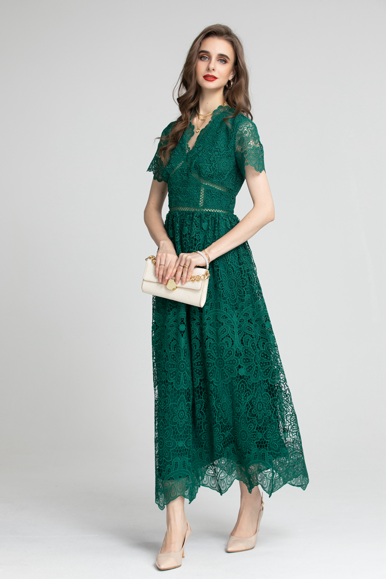 Women's Runway Dresses V Neck Short Sleeves Embroidery High Street Fashion European Style Lace Dress Vestidos
