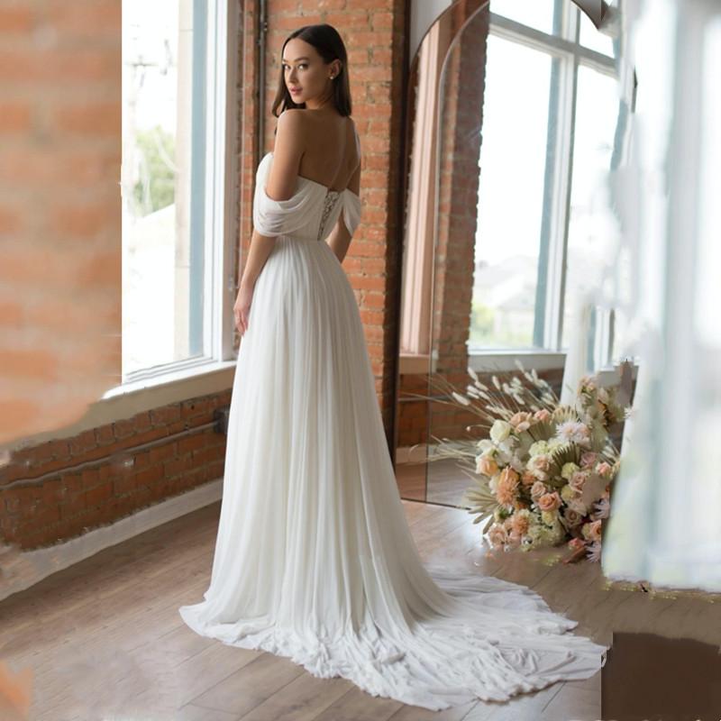 Off Shoulder Beach Wedding Dresses Lace Chiffon 2022 Fairy Greek Grace Bohemian Summer Holiday Bridal Gowns